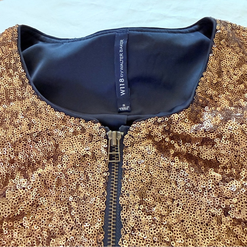 VINTAGE W118 by Walter Baker Gold/Bronze Sequin Zip Moto Jacket Size S Pristine - Picture 2 of 13